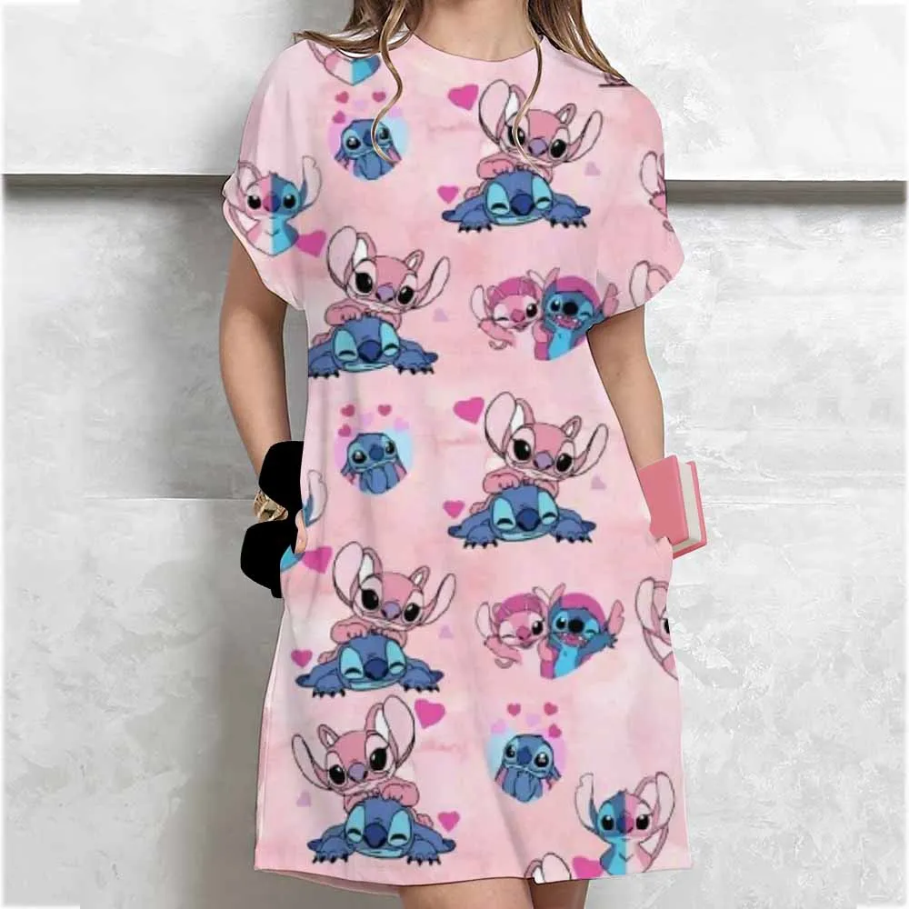 Abito alla moda in colori puri da donna con stampa Disney Stitch T-shirt stile mini abiti estivi abiti casual larghi