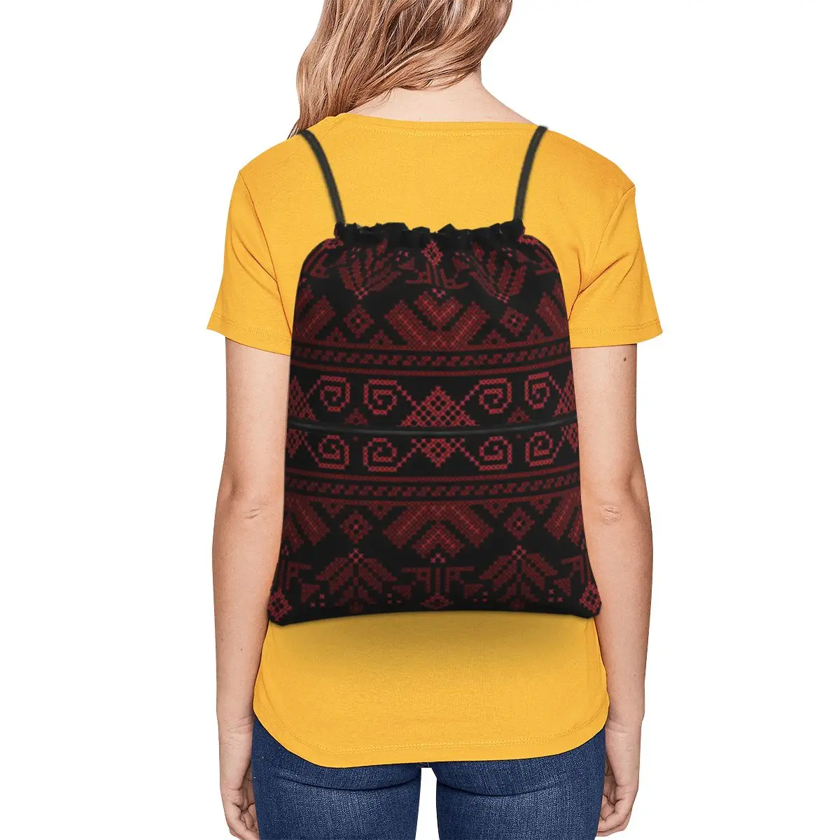 Palestinian Jordanian Traditional Realistic Embroidery Tatreez Backpacks Fashion Drawstring Bundle Pocket Sports Bag Book Bags