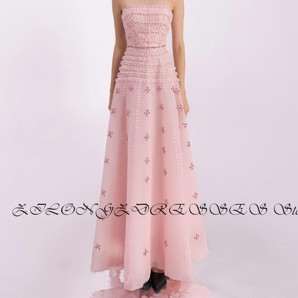 Elegant and Exquisite Sequined Beading Crystal Appliques Pink Organza Evening Dresses A-Line Floor Length Sleeveless Strapless