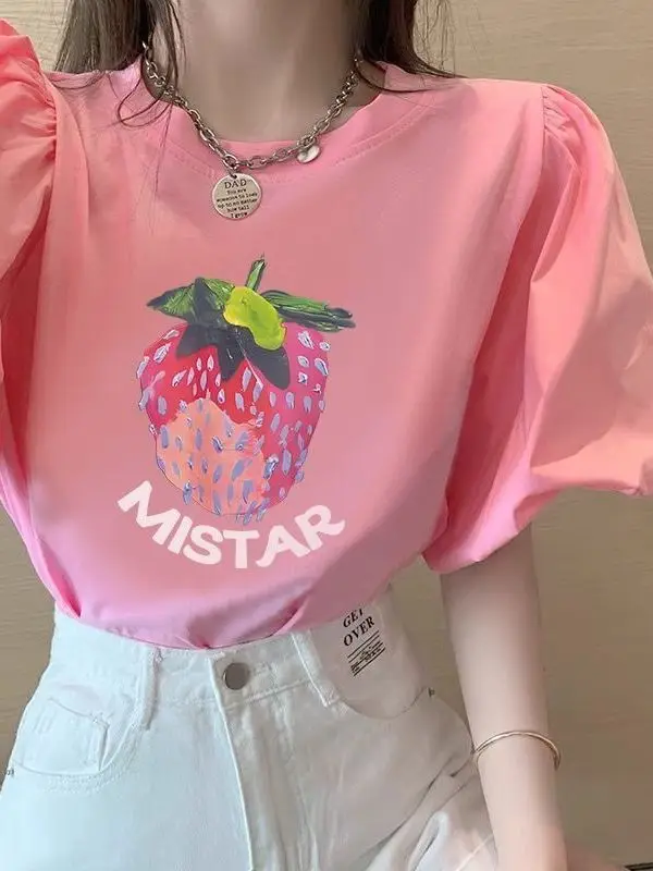 

Футболка Sweet Stberry Print ort Sve Women's Faion Summer Bubble Sve Design Sense Korean Sle round Ne Top