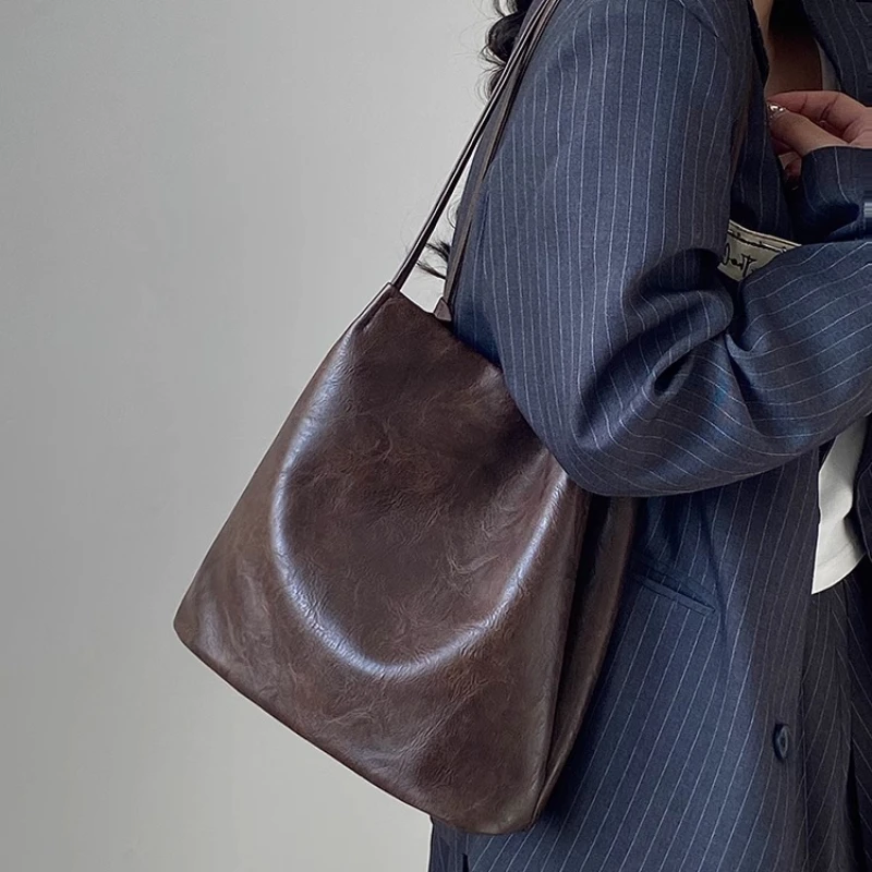 

Soft PU Leather Women Bucket Shoulder Bags Large Capacity College Girls Book Tote Handbags Solid Color Simple Underarm Bag