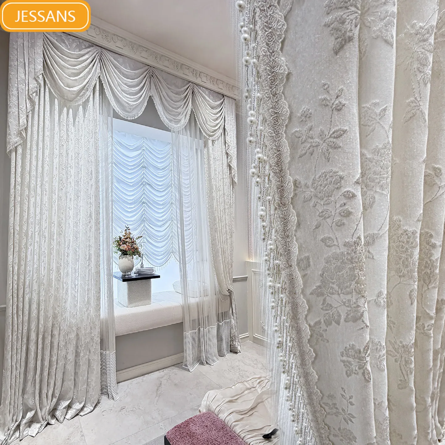 New French Cream Beige Jacquard Screen Pearl Curtains for Living Room Bedroom Balcony Customized French Window Valance