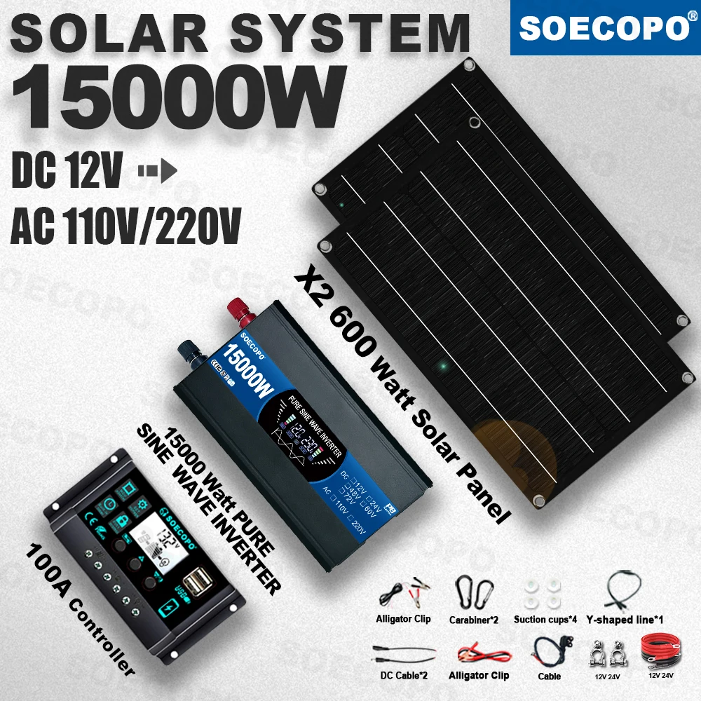 

SOECOPO Pure Sine Wave15000W All-in-One Solar Kit 2×600W Panel 100A Smart Inverter for garden Van Life & Emergency Power Supply