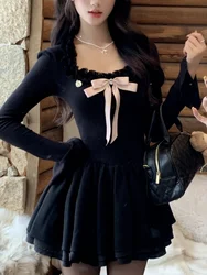 Hepburn Black Vintage One Piece Dress Women Sexy Lolita Y2k Mini Dresses Casual Korean Fashion Long Sleeve Retro Clothing 2024