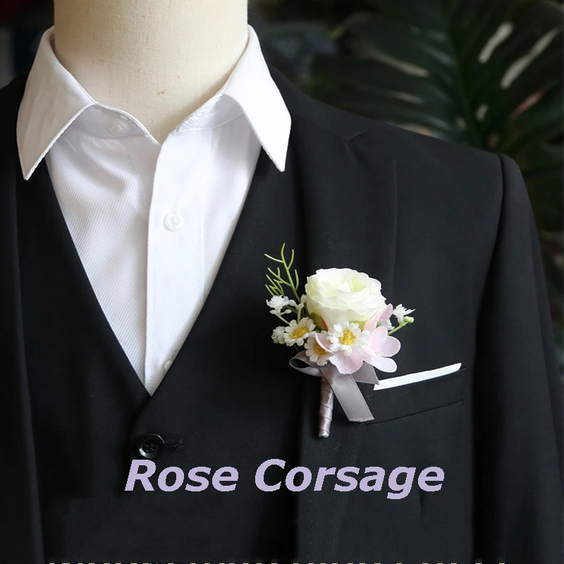 

2pcs Men Wedding Corsage White Rose Boutonniere Groom Brooch for Party Ceremony Anniversary Formal Dinner Party Corsage