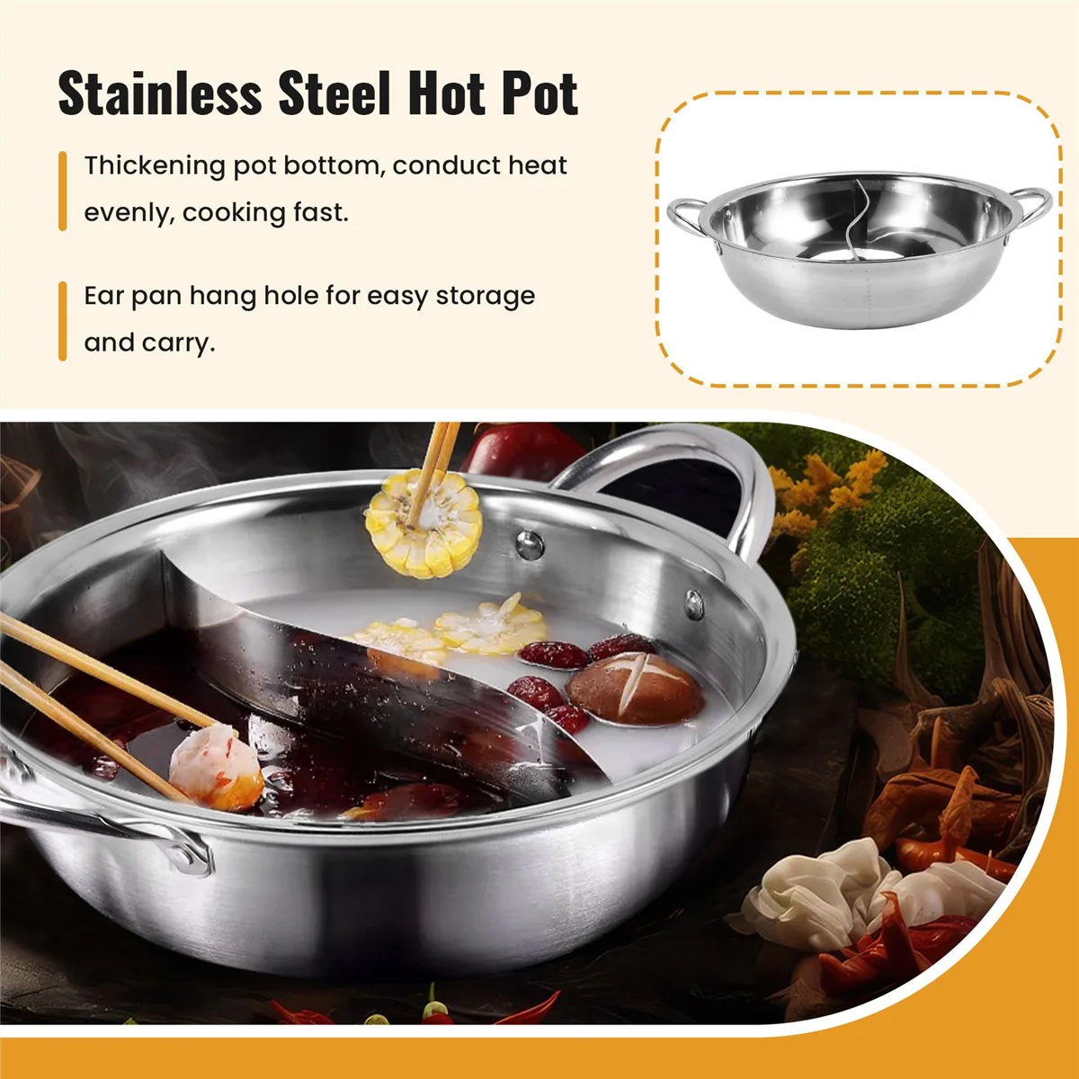 Olla caliente dividida doble de acero inoxidable, utensilios de cocina de 28cm, Compatible con sopa