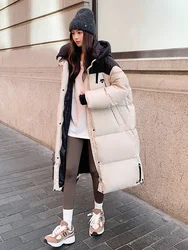 Winter Women's Long Down Jacket Korean Version of Slim Splicing Warm Jacket Hooded Warm Bread Down Jacket Fashion Parker Coat