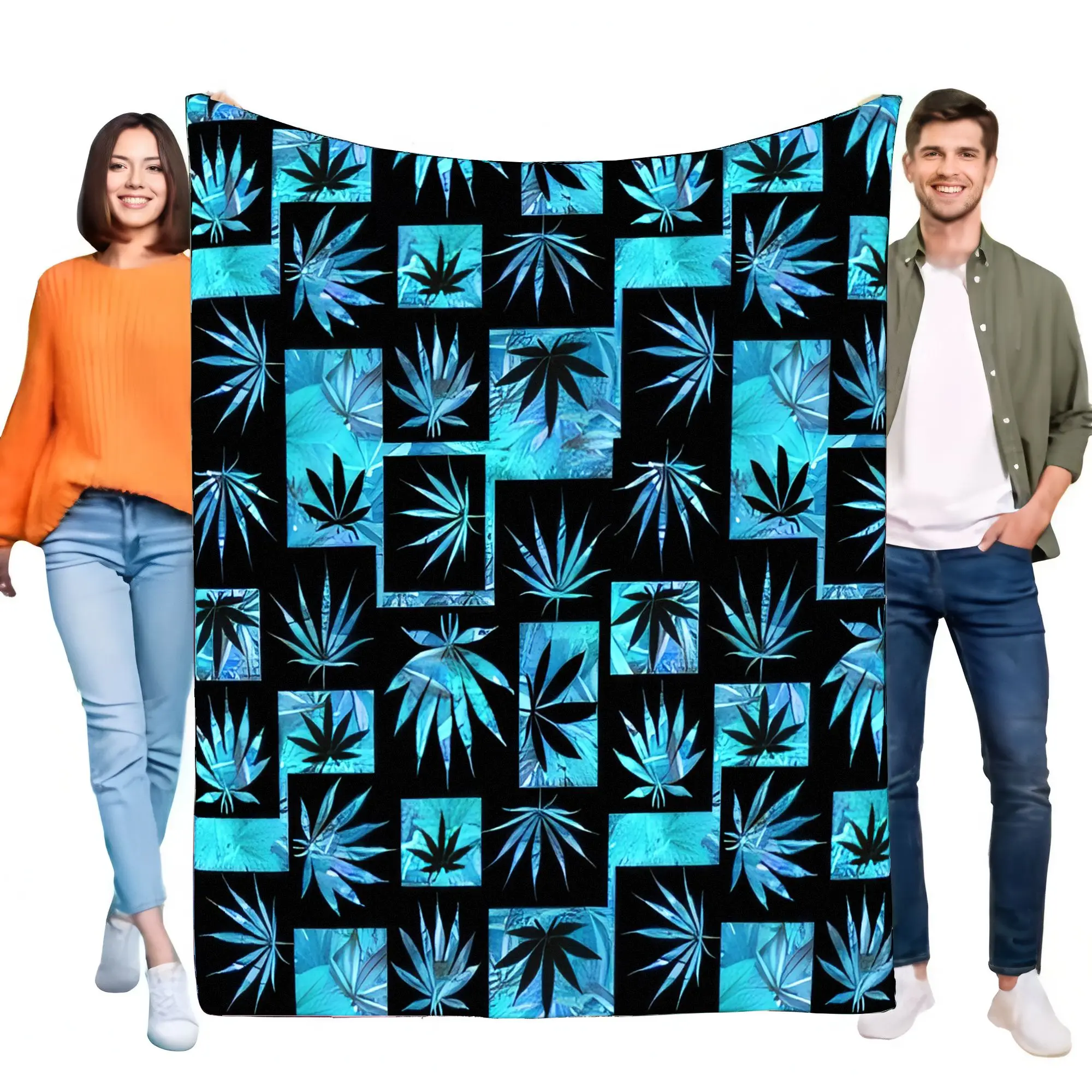 Vibrant Blue Teal Cannabis Leaf Geometric Pattern Flannel Fleece Blanket Soft Cozy Warm Lightweight Sofa Bed Throw Home Decor Ad