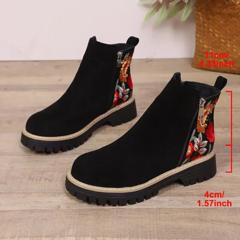 Colorful Flower Embroidery Suede Ankle Boots Women 2026 Winter Elegant Thick Heel Black Chelsea Boots Woman's Short Booties 43