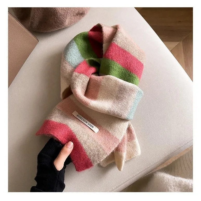 قوس قزح مخطط الموهير وشاح المرأة الشتاء نسخة اللون منعت مخطط الصوف وشاح قصير طالب وشاح قصير دافئ 4w979