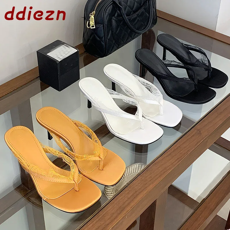 Neue Sommer-Pumps, Slides, Absatzschuhe für Damen, Flip-Flops, Slipper, modische Sandalen mit eckiger Spitze, Damenschuhe mit dünnen Absätzen