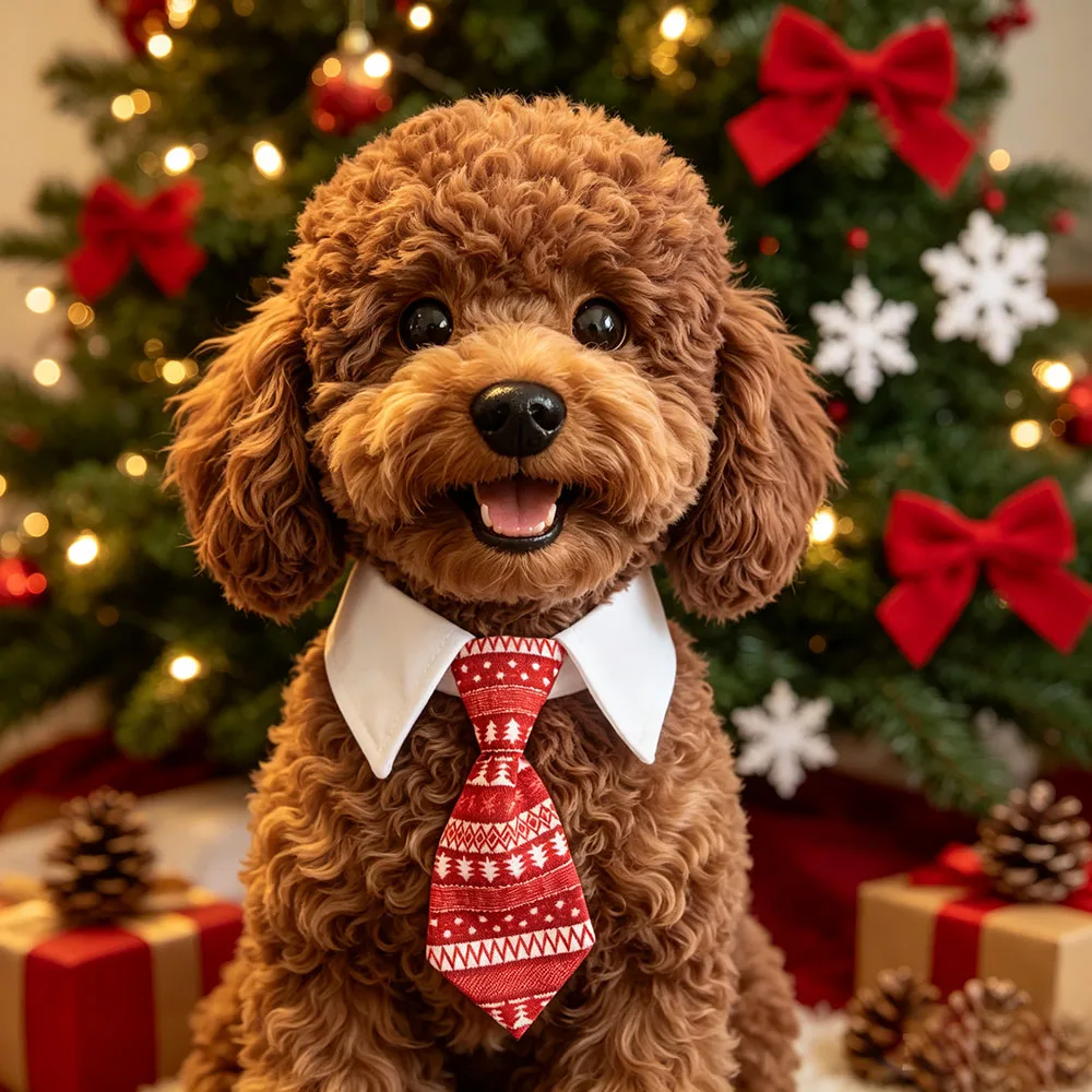 Christmas Pet Tuxedo Collar, White Shirt Style Fake Collar with Red Xmas Bow Tie & Necktie, Adjustable Soft Fabric Costume