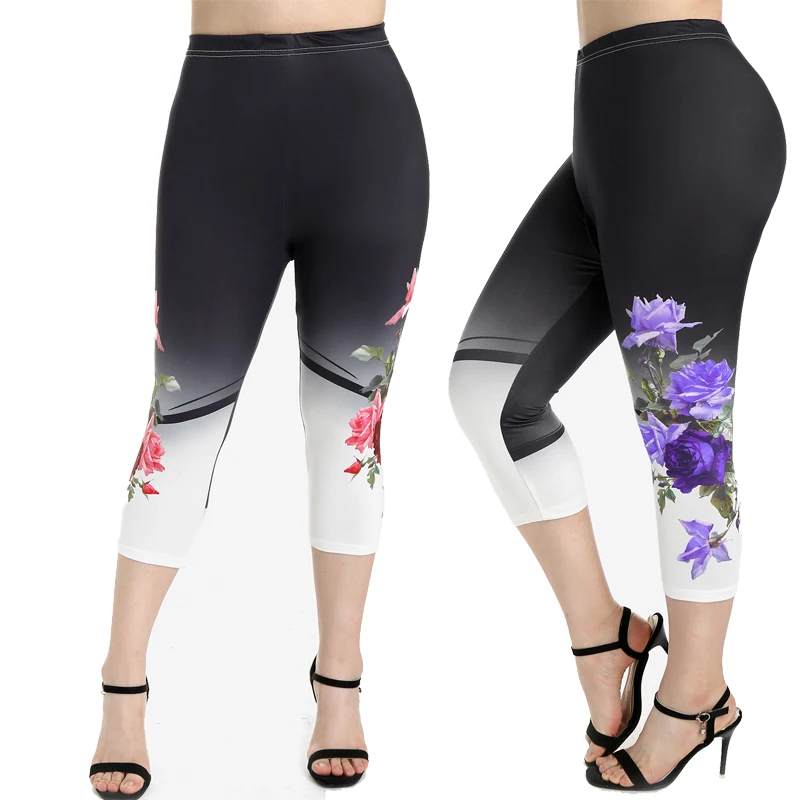 ROSEGAL S-5XL Plus Size Women\'s Skinny Leggings Fashion High Waist Rose Print Capri Jeggings Daily Running Sports Fitness Pants