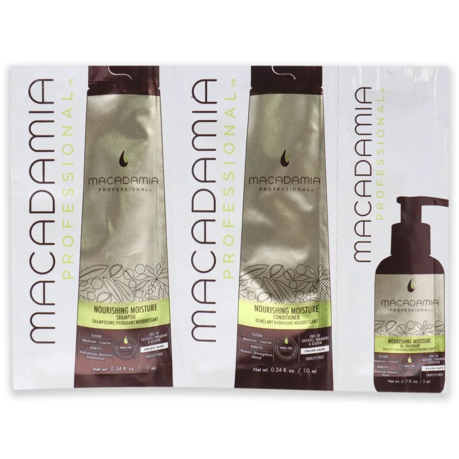 Professionelles nährendes Feuchtigkeitsset von Macadamiaöl für Unisex, 3-teiliges Set, 0,34 Unzen, Shampoo, 0,34 Unzen, Spülung, 0,17 Unzen Ölbehandlungen