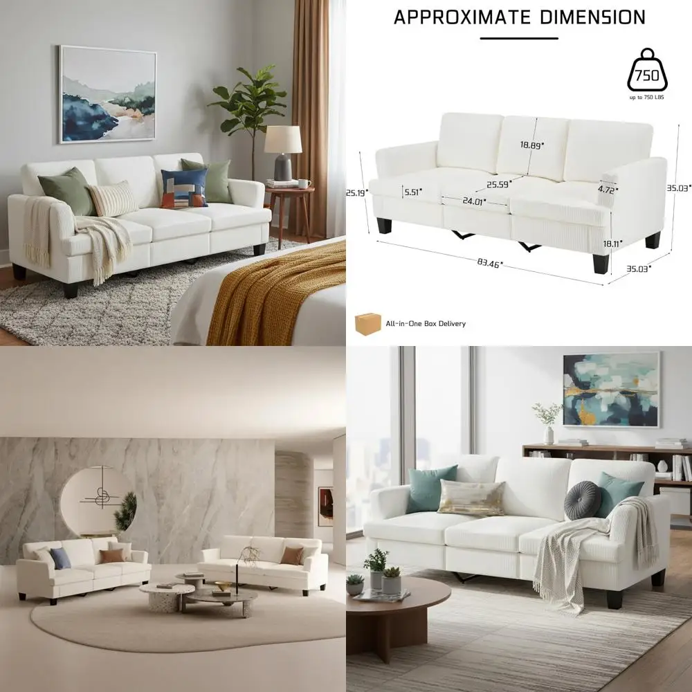 

Pet-Friendly 84 Inch White Corduroy Deep Seat 3-Seater Couch for Comfortable Living Room, Easy Assembly, Ideal for Apartments