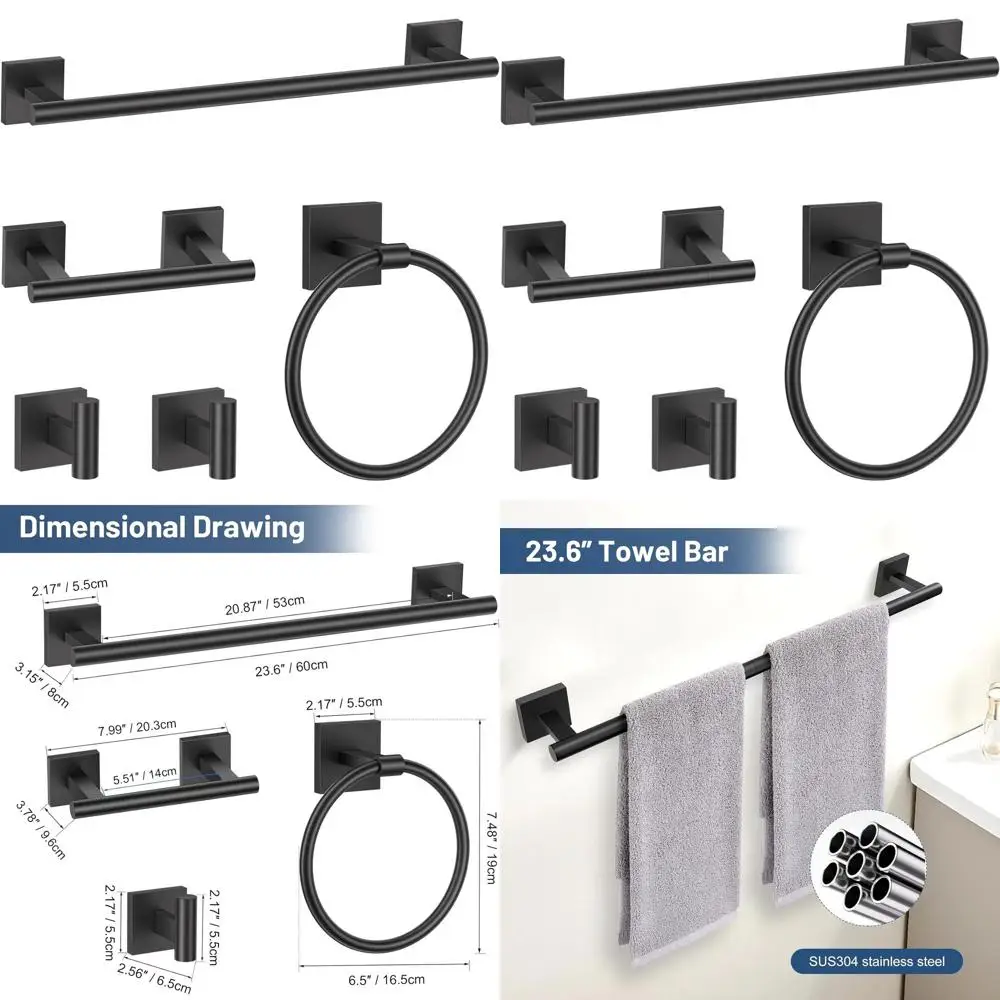 

Stainless Steel 5-Piece Matte Black Bathroom Accessory Set, Wall-Mounted 24 Towel Bar Kit