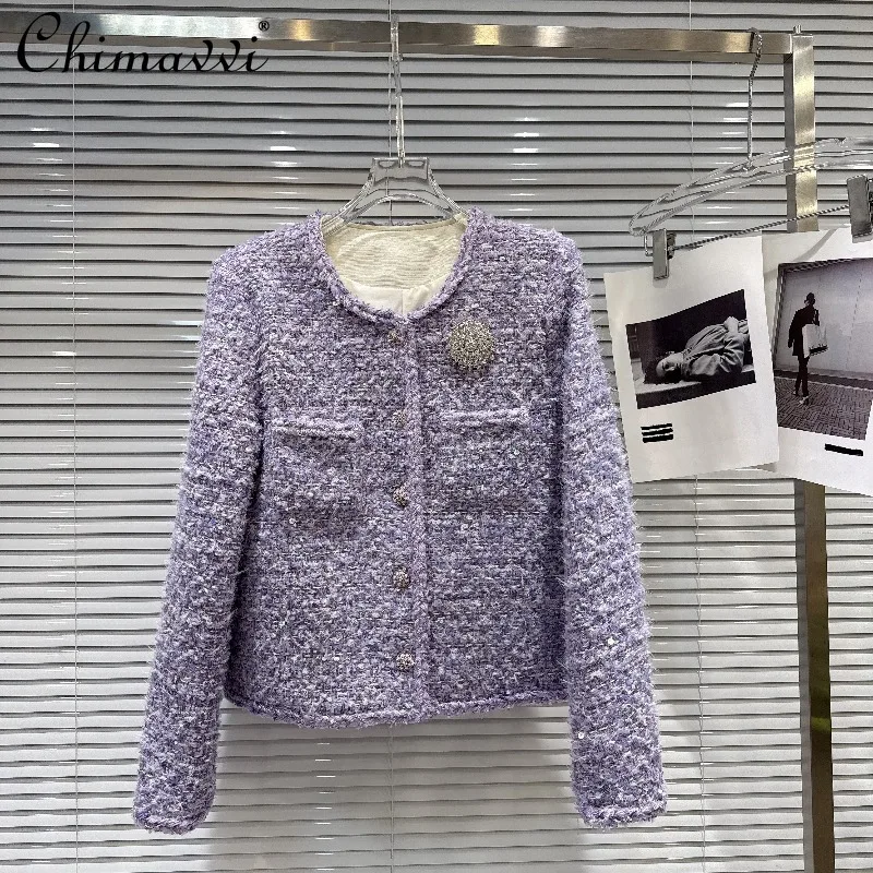 

Spring New French Style Socialite Rhinestone Brooch Tweed Woven Edge Top Fashion Long Sleeve Elegant OL Short Coat for Women