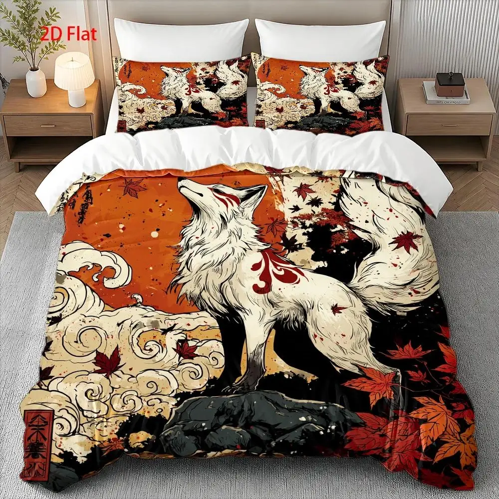 Soft Duvet Cover Set, 2D Flat Printed Duvet Cover Set, Bedding Set, Red Maple Nine-Tailed Fox Theme, Japanese Ukiyo-E Style, Machine Washable, Invisible Zipper, Large Duvet Cover Set, Bedding Set, Quilt Cover