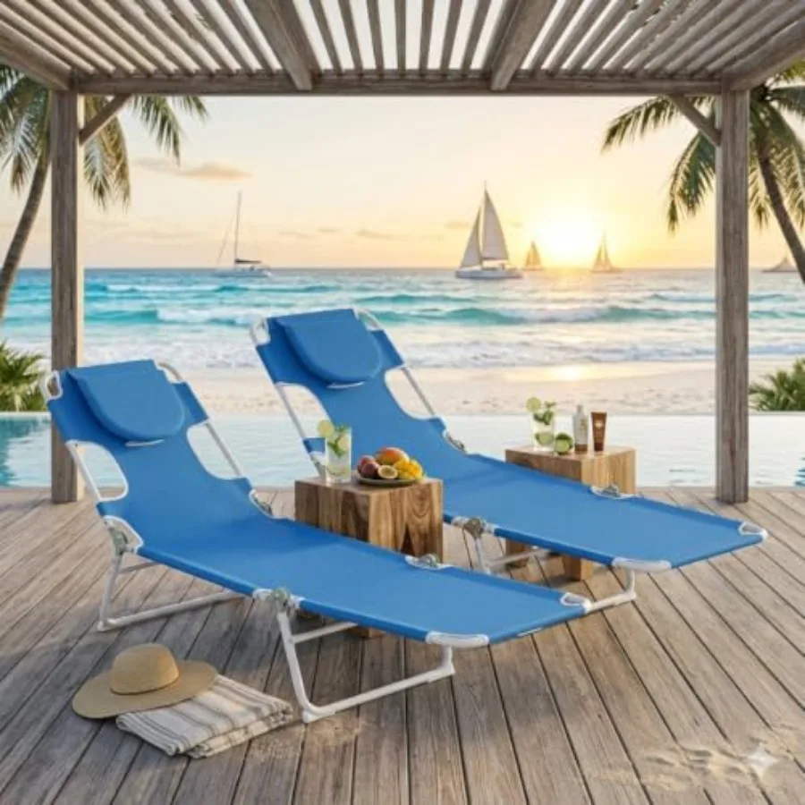 Reclining Lounger Set for Patio Beach Camping Use, Blue Quick Dry Linen Seat with Foldable Carry Strap Face Cavity and 4-Positi