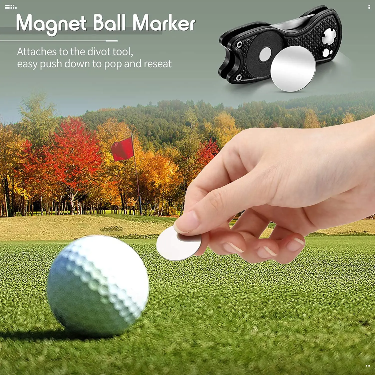 New Metal Foldable Golf Divot Repair Tool with Magnetic Ball Marker and Pop-up Button Green Tool Accessories Gift For Golfer