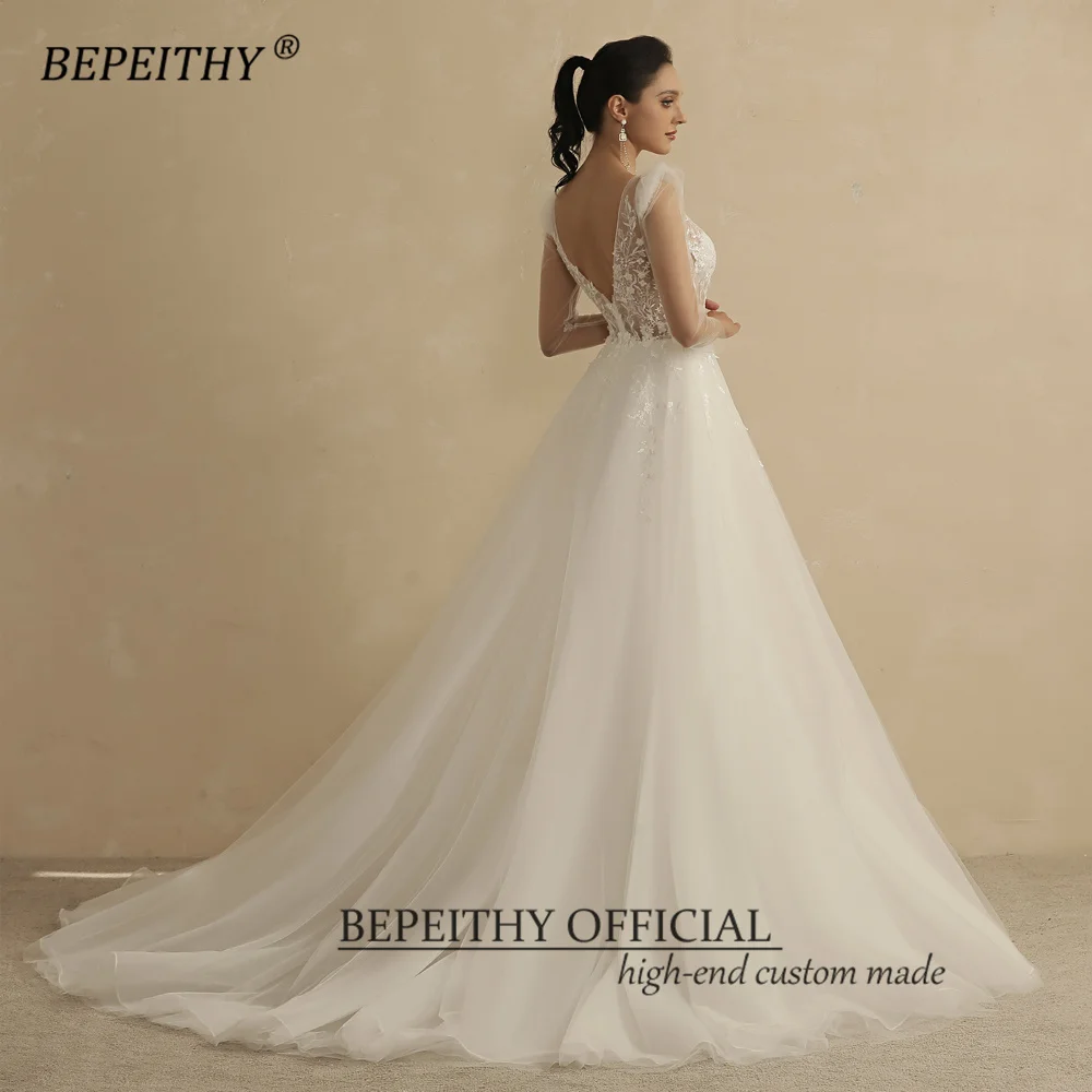 BEPEITHY V Neck Long Sleeves Boho Wedding Dresses For Women 2023 Bride A Line Open Back Sexy Novelty Bridal Gown Beach Vestidos