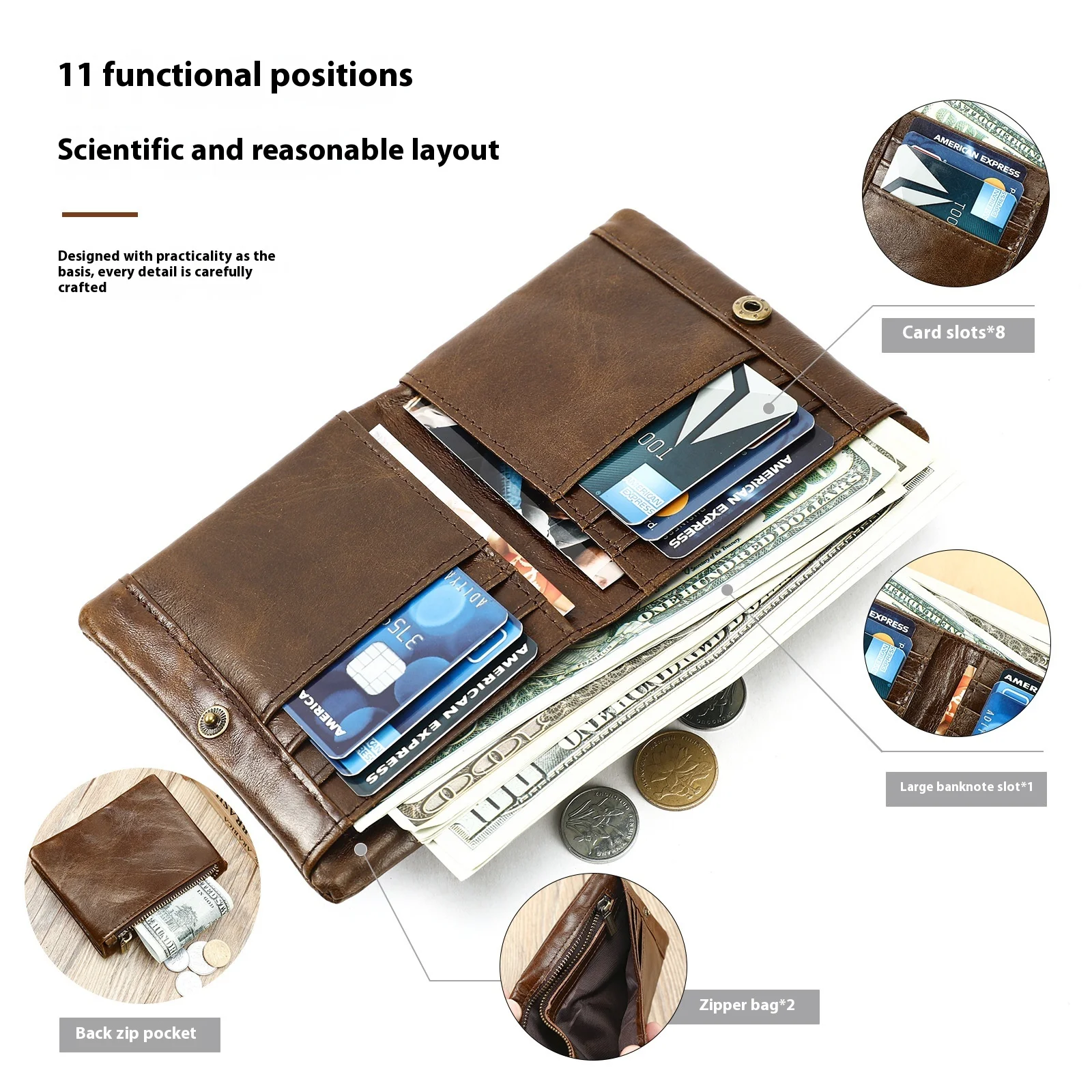 Men's Genuine Leather Vintage Wallet Short RFID Anti-theft Brush Money Clip Oil Wax Cowhide Card Package