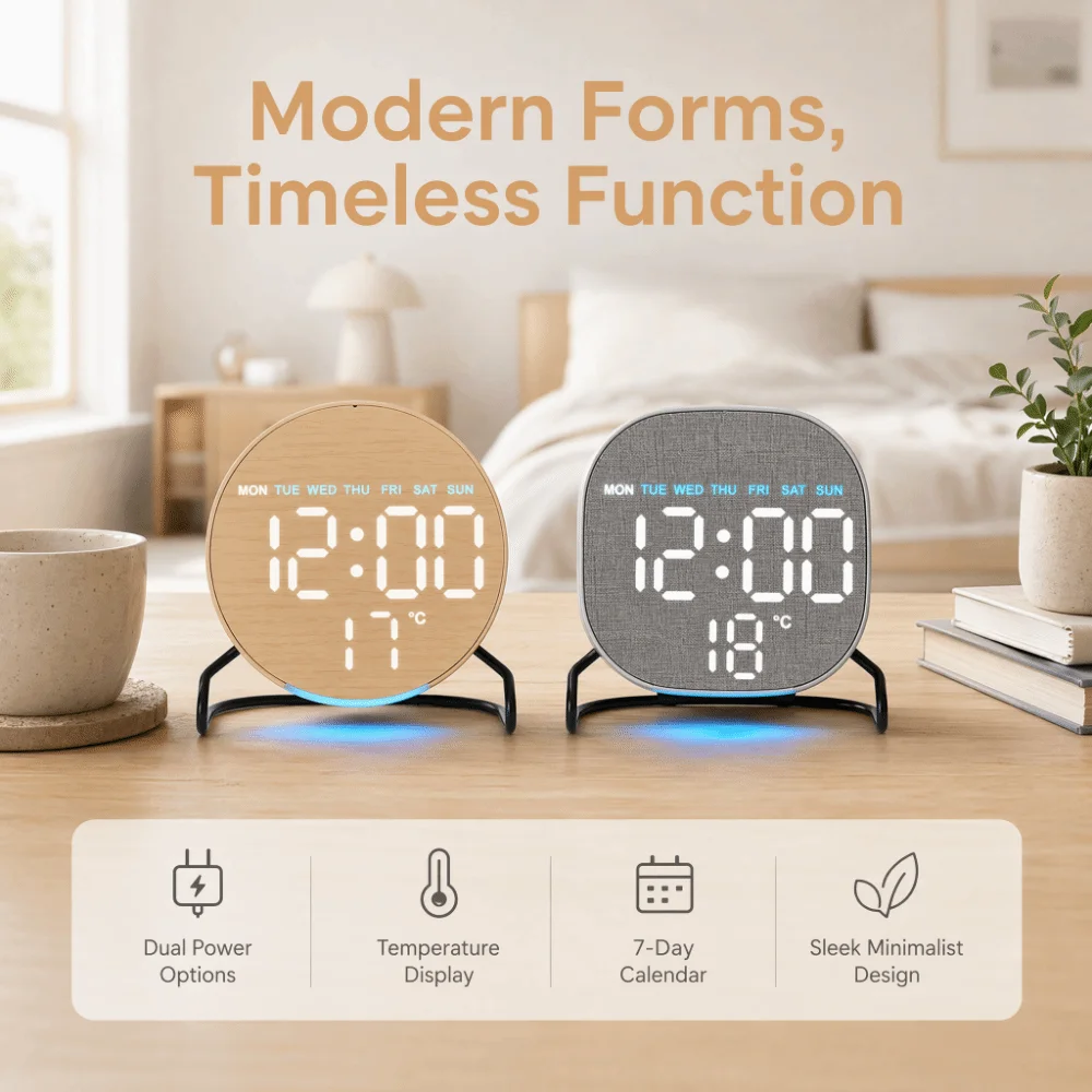 Plastic Digital LED Clock Temperature Display Adjustable Brightness Bedside Wake-up Clock Minimalist Round/Square Alarm Clock