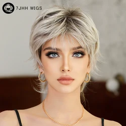 7JHH WIGS Short Straight Ombre Blonde Wig for Women Daily Cosplay Use Nathural Synthetic Black Bob Wigs with Bangs High Quality