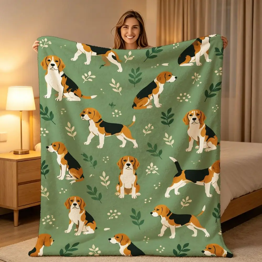 1pc Sage‑Green Beagle Dog Printed Throw Blanket, Cozy Lightweight Soft Decor Blanket for Living Room Sofa, Home Decor,Ideal Gift