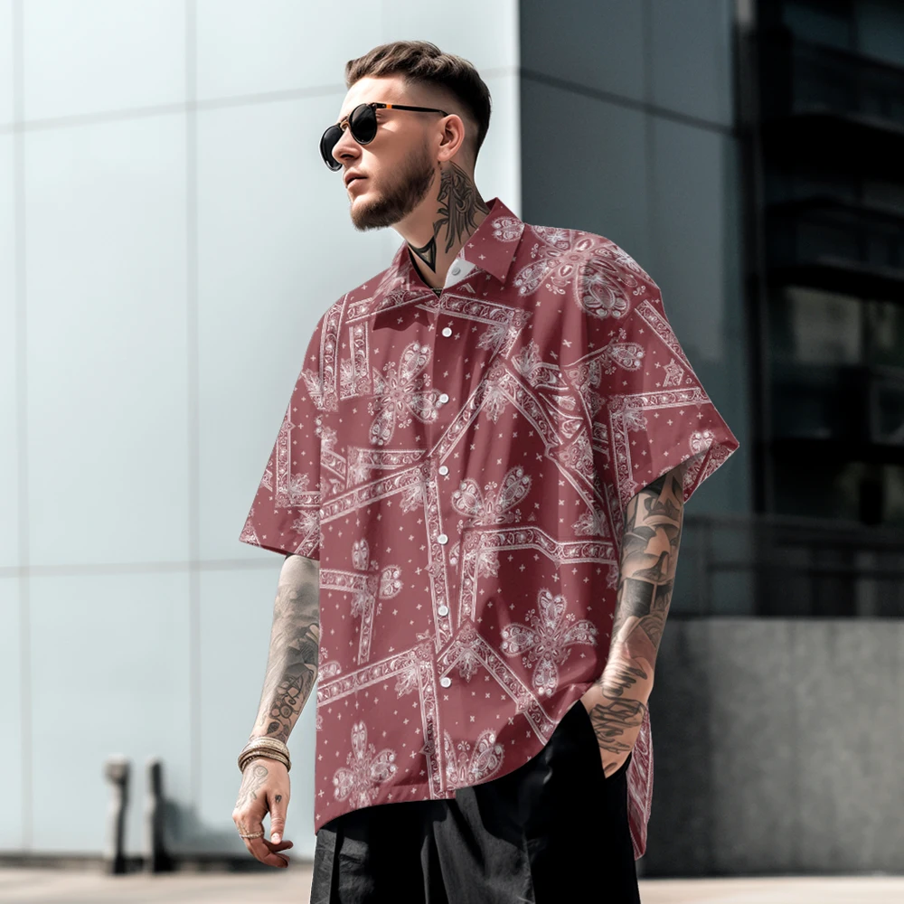 

Summer casual oversized short sleeved shirt with full body print, loose Hawaiian beach trendy and comfortable single row buttons