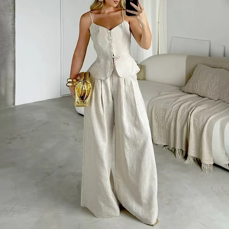 

Летний повседневный комплект из двух предметов: топ-камизоль с V-образным вырезом и брюки прямого кроя, однотонный, без рукавов, в стиле High Street