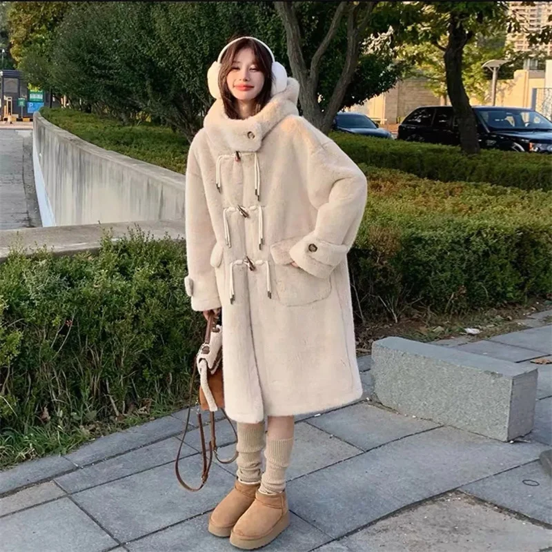Korean Thickened Mink Velvet Coat Women Winter Clothes New Jacket Version Loose Imitation Rabbit Fur Plush Hooded Fur Coat