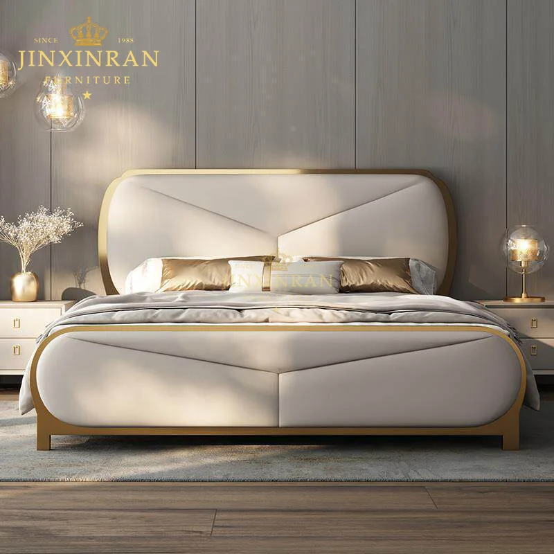 Cream Leather Upholstered Bed King Size V Shape Stitched Headboard Gold Trim Wood Frame Double Queen Size Bed Bedroom Furniture