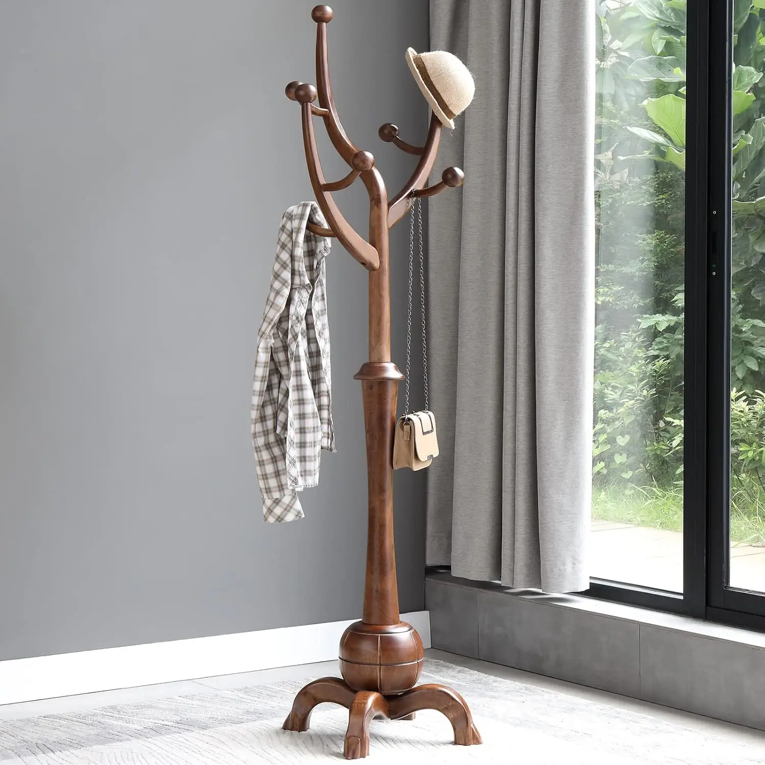 Rack Freestanding Wood Tree Rack with 8 Hooks, Creative Design Tree Branch-look, Coat Tree Clothes Jacket Hanger Stand with Stab