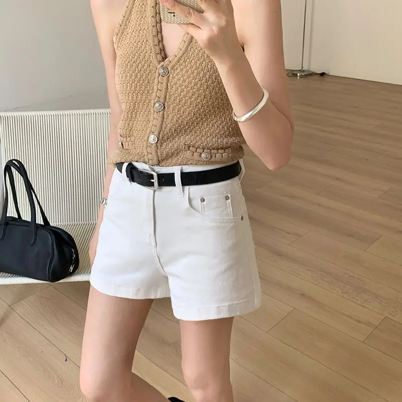 

Women White High Waist With Belt Denim Shorts Summer Casual Slim A-Line Wide Leg Short Jeans Black