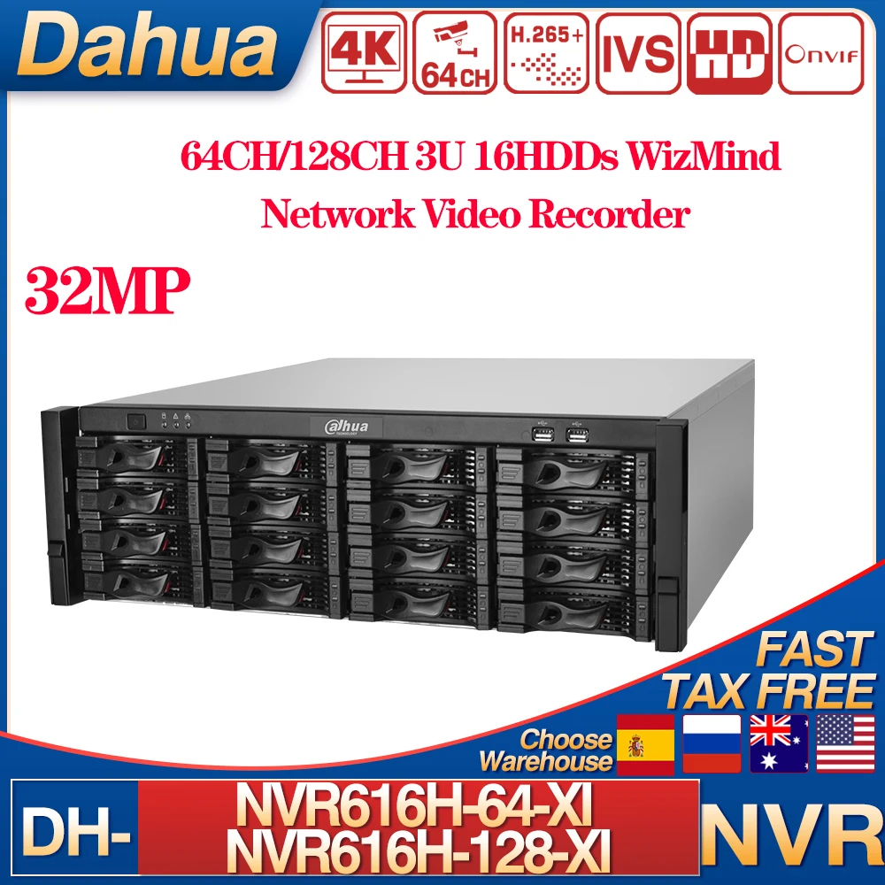 Dahua Serice 32MP NVR616H-64-XI 64CH 3U 16HDDs WizMind AI Network Video Recorder Face Recognition For Camera Supports AcuPick