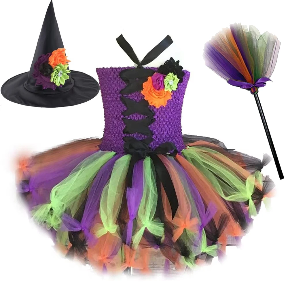 Girls Halloween Witch Costumes for Kids Carnival Party Fancy Tutu Dress with Black Hat Broom Children Sorceress Role Play Outfit