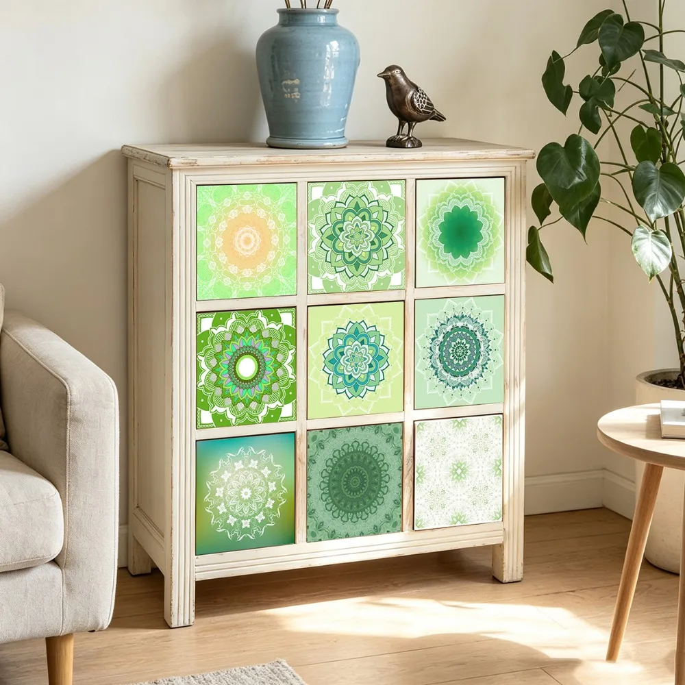 Fresh Green Mandala Floral Self-Adhesive Tile Stickers Waterproof Anti-Oil Square Wall Furniture Backsplash Cabinet Home Decor