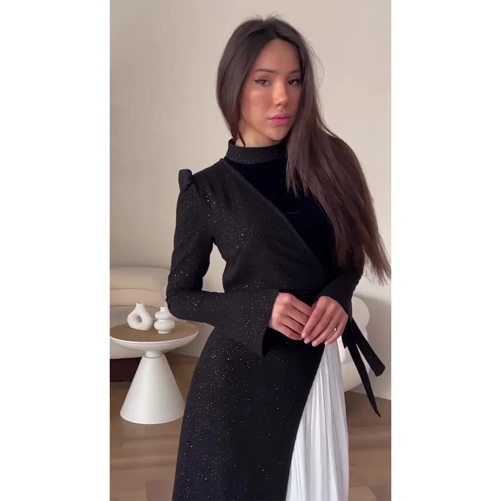 فستان أنيق بتصميم مرقع للنساء بأكمام طويلة ومطوي ومزيف مكون من قطعتين فساتين سهرة للنوادي والحفلات النسائية #4