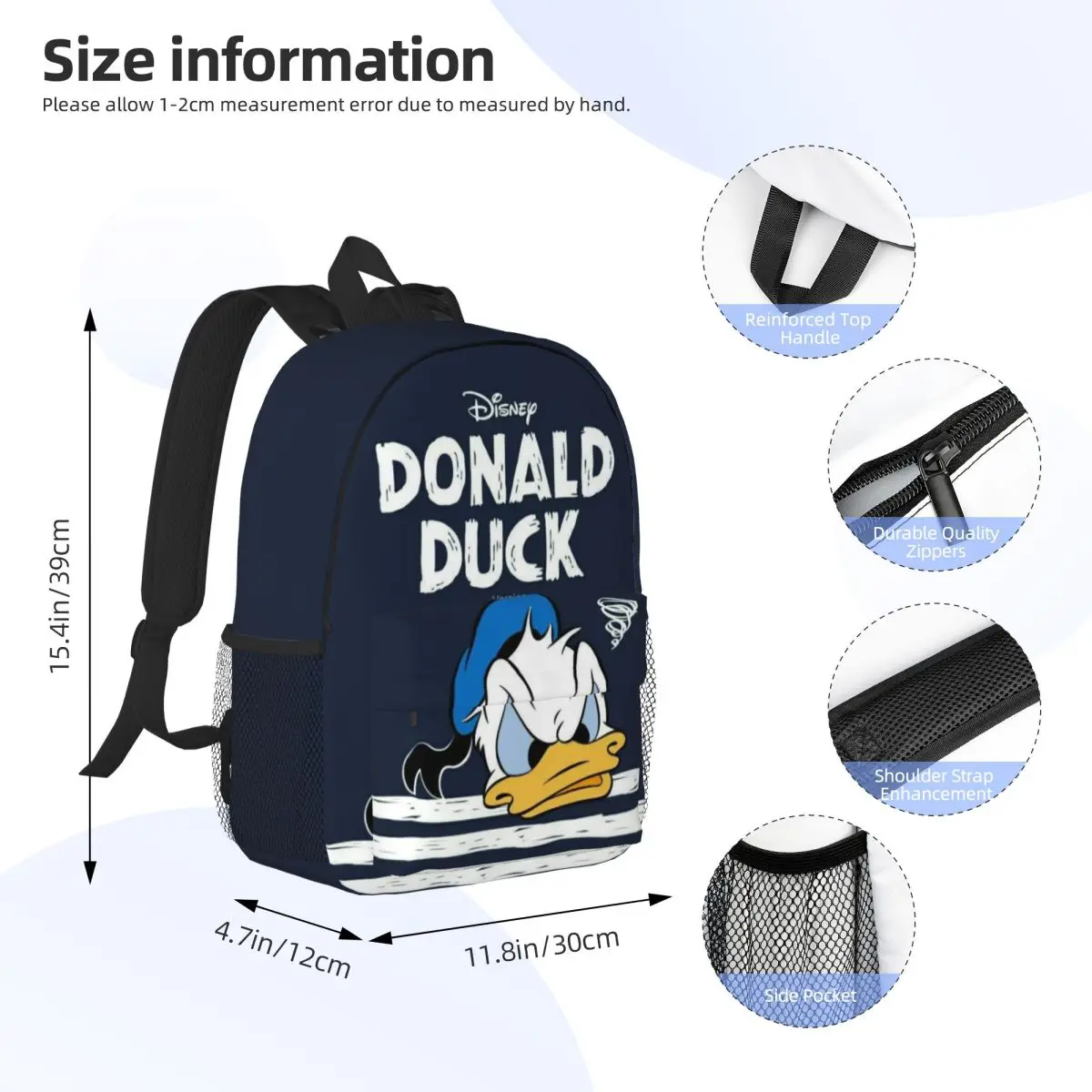 Mochila compacta Donald Duck de 15 polegadas – Bolsa leve e elegante, perfeita para estudantes e viajantes