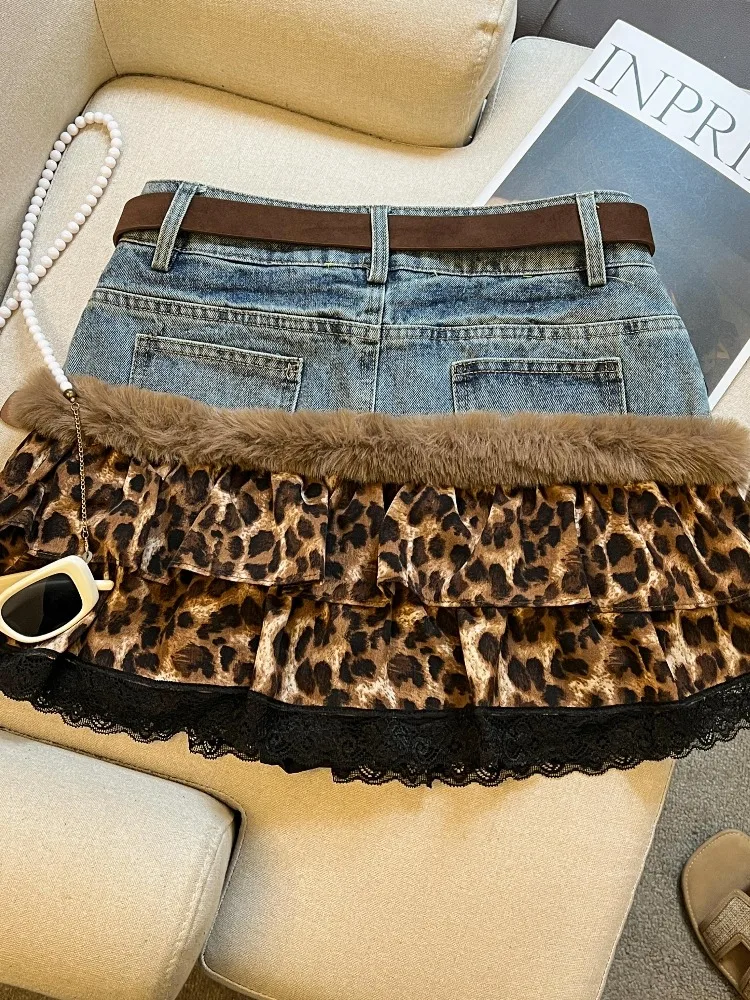 Retro American Spicy Girl Cake Leopard Print  Skirt Autumn Winter High Waist Lace Splicing Color Collision Belted Denim S...
