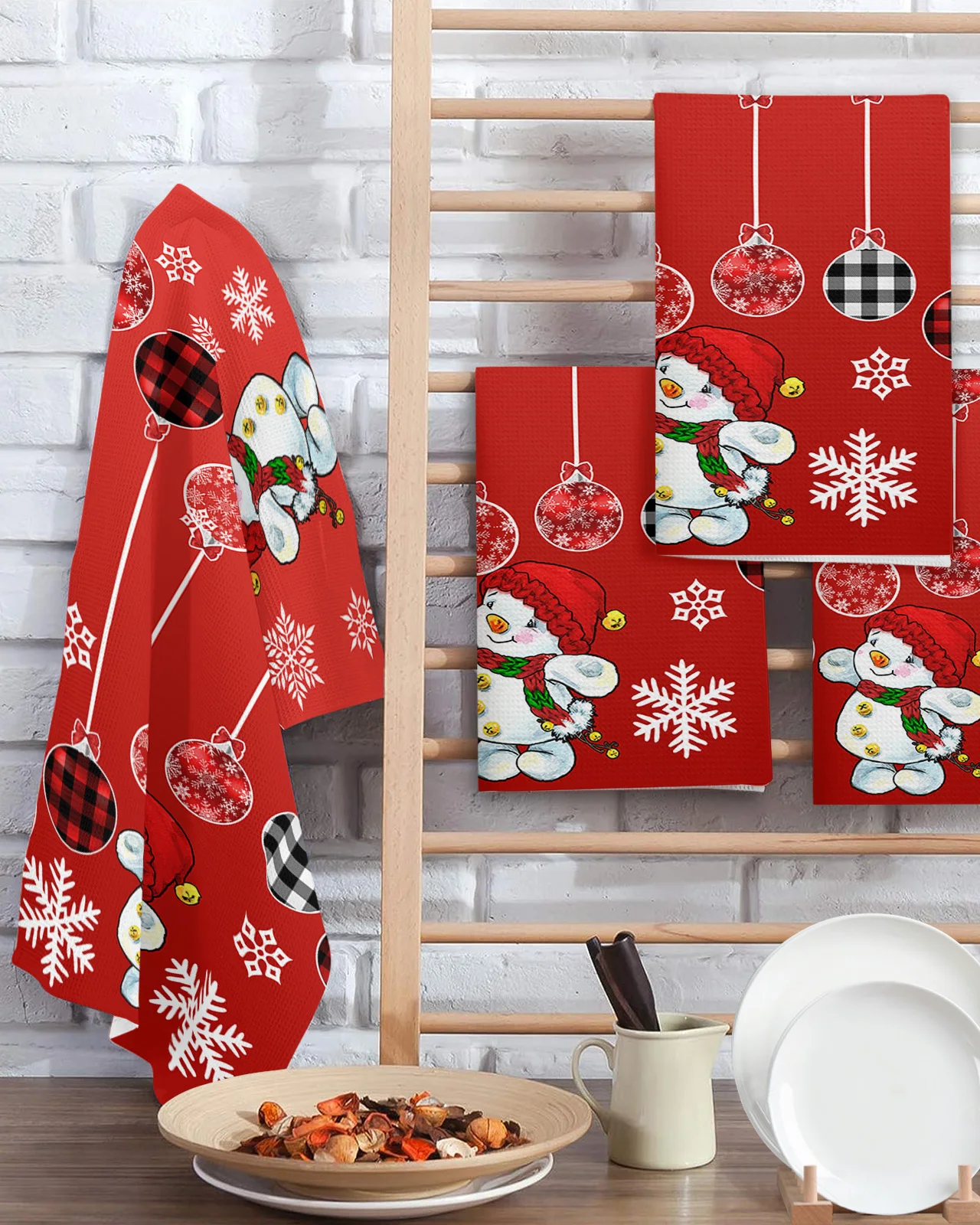 Christmas Red Snowman Snowflake Lantern Winter Kitchen Microfiber Waffle Towel Household Wipes Rags Dish Cloth Insulation Pad