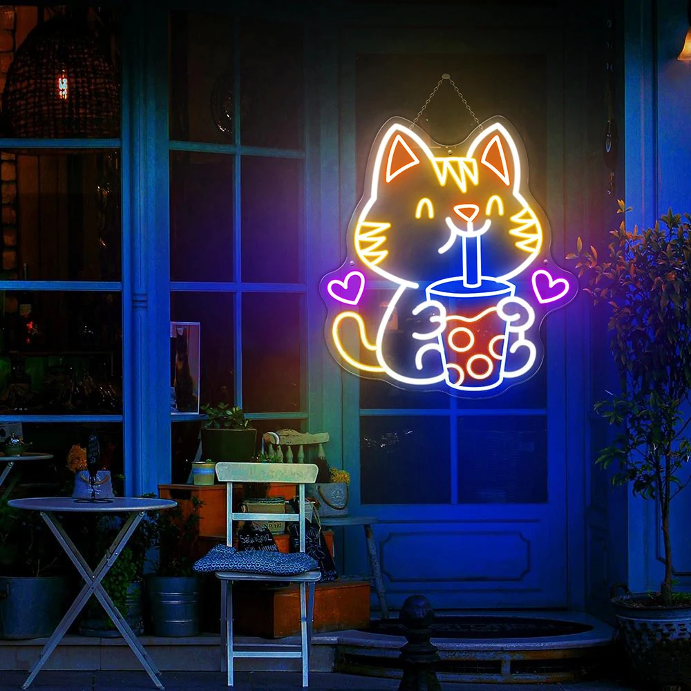 Boba Tea Cat Neon Sign Custom Neon Sign for Bubble Tea Shop Decor Coffee Drinking Bar Decoration Led Neon Light Opening Gift