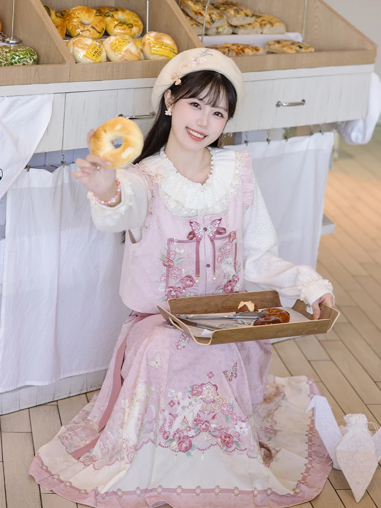 

Chuan Dai iguang Вязаный кружевной комплект из розового ириса и жилета с юбкой восьми четвертей, круглая женская мода Ne Hanfu Sle