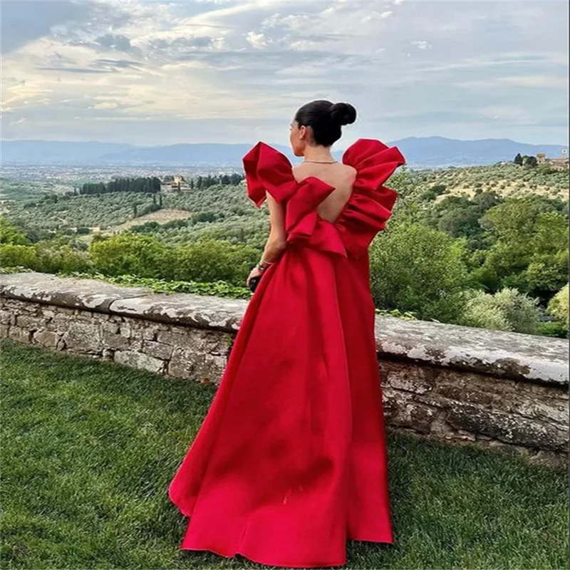 Crimping Sleeve V-neck فساتين السهرة Red Silk A-line Floor Lenght Prom Dress Customized Sexy Open Back Satin Prom Go