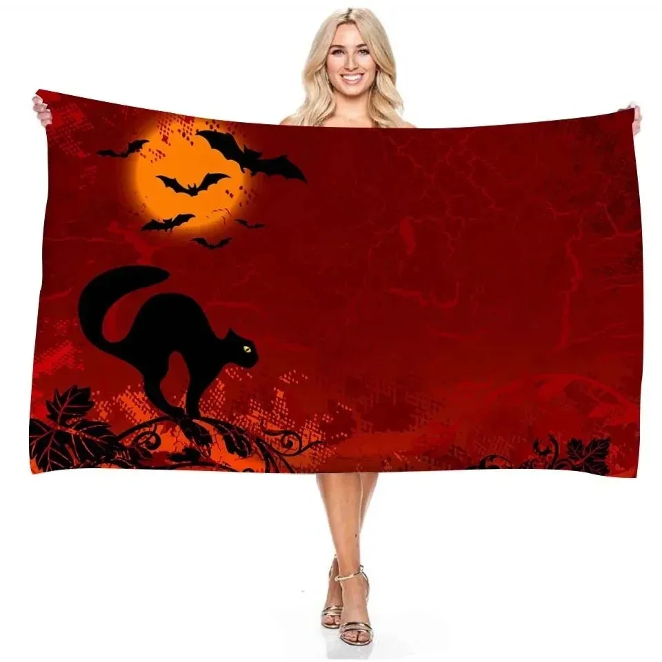 Vintage Crack Texture Vines Black Kitten Pattern Bath Towel Sand Resistant Soft Towel for Pool Camping Halloween Party Use