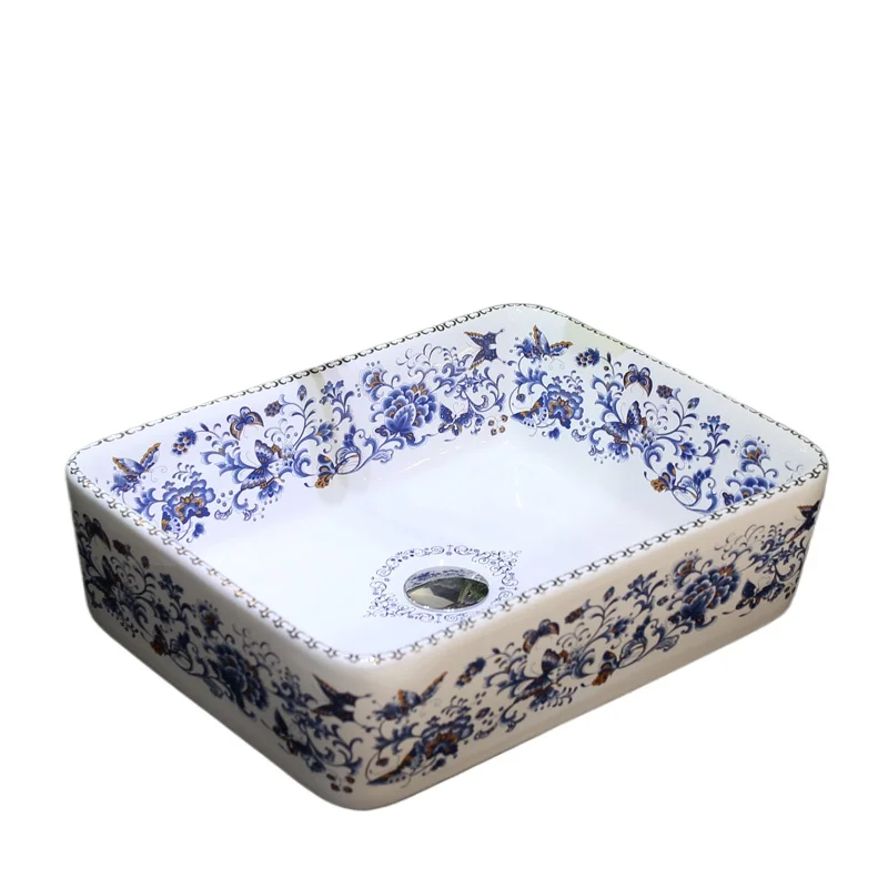 

Blue Rectangular shape Europe style china washbasin sink Jingdezhen Art Counter Top ceramic bathroom sink bathroom in sinks