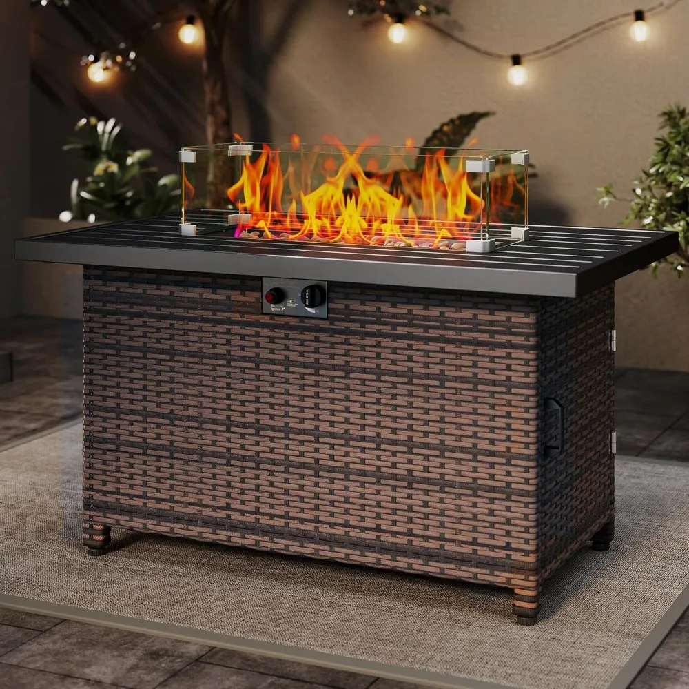 

44 Propane Fire Pit Table with 50,000 BTU, Glass Wind Guard and Lid for Outdoor Patio Use