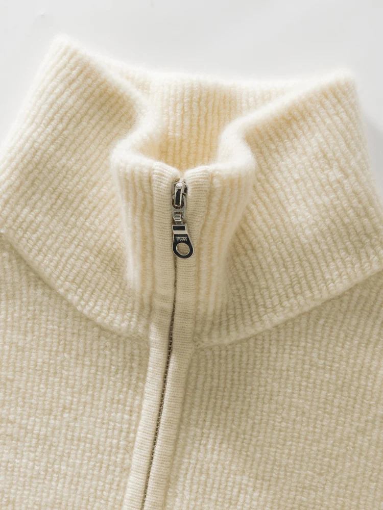 Zíper outono inverno cardigan sólido grosso camisola de malha simples feminino 100% caxemira macio quente casual solto roupas topos