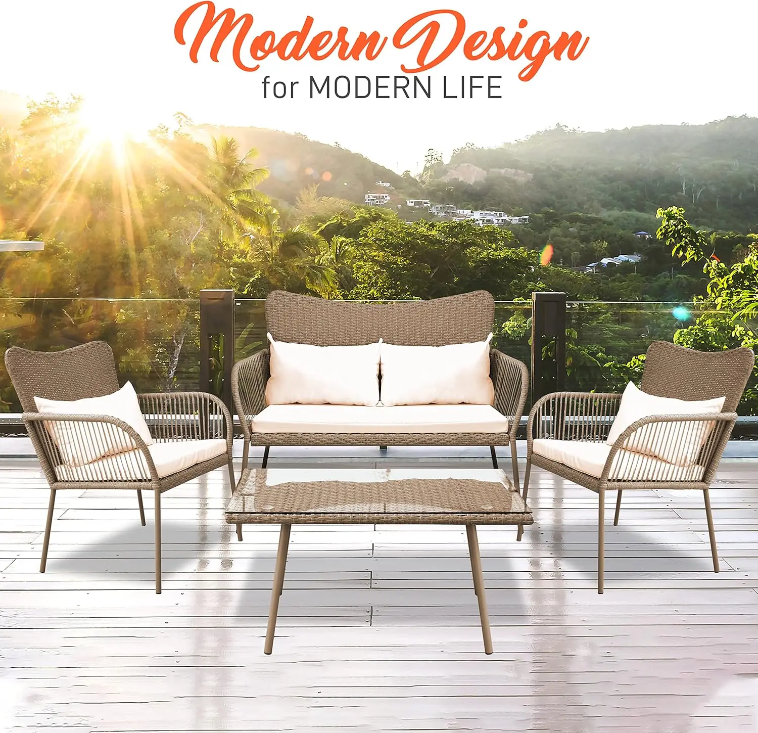 Outdoor Living Rattan Furniture, includes  Double &  Single Chairs with Cushion & Glass-top Coffee Table